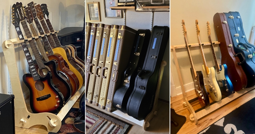 side-by-side photos of 3 customers' VersaRacks in their homes