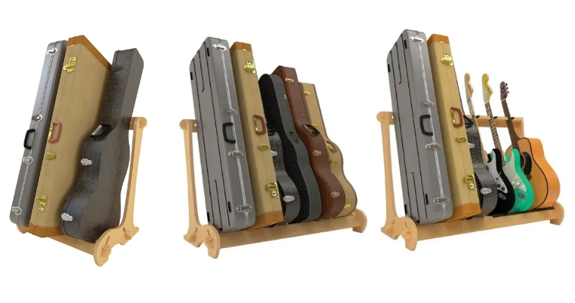 side by side images of 3 versions of the VersaRack guitar case rack